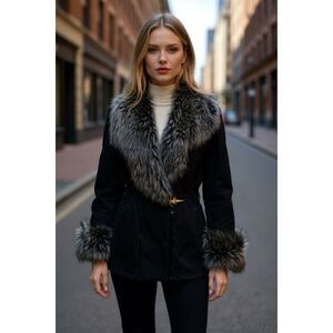 Penny Lane Coat Size M Black Faux Suede Faux Fur Retro Boho Festival Western